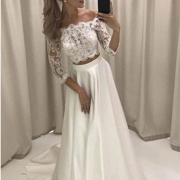 Popular Bateau 3/4 Sleeve Lace Boho Wedding Dresses