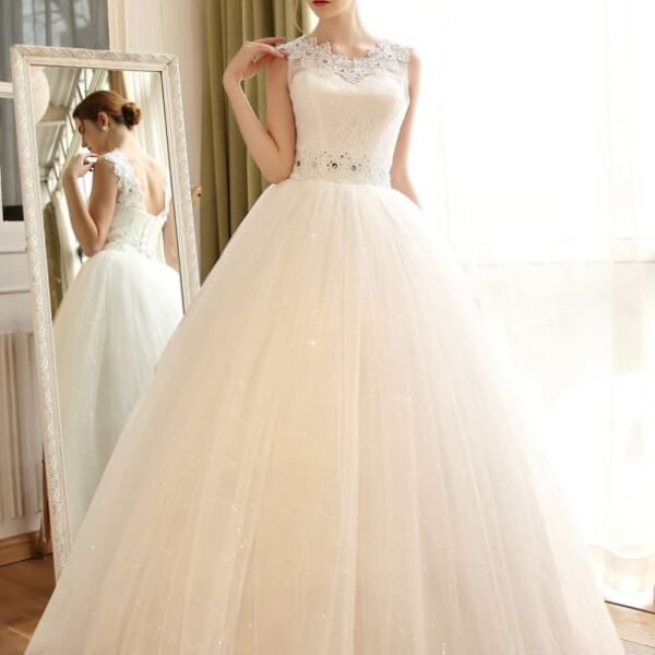 Princess Ball Gown Wedding Dresses Lace Applique Backless Beaded Sash Sequin Floor Length Ivory Bridal Dress