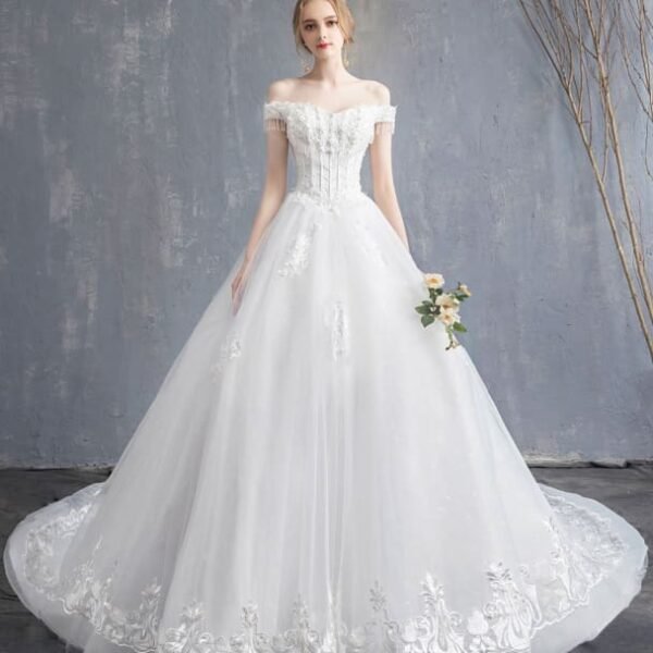 Princess Wedding Dresses Ball Gown Lace Beaded Chains Off The Shoulder Bridal Dress