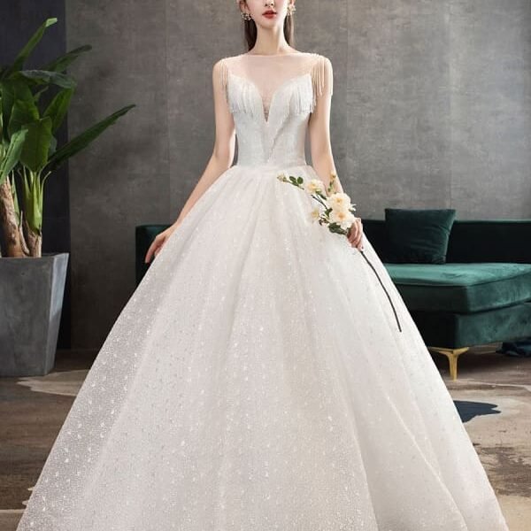 Princess Wedding Dresses Ivory Illusion Neck Beaded Sleeveless Floor Length Bridal Gown