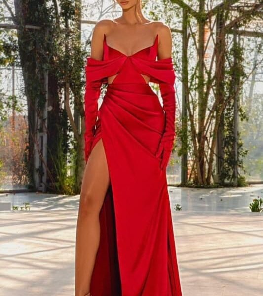 Prom Dress Red Half Sleeves Off-the-Shoulder with Slit Pleated Gloves