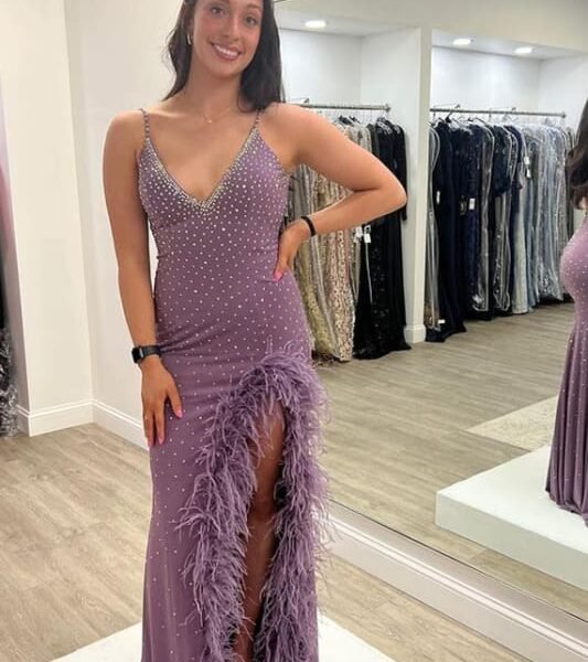 Purple Spaghetti-Strap Long Beaded Prom Dress with Feathers