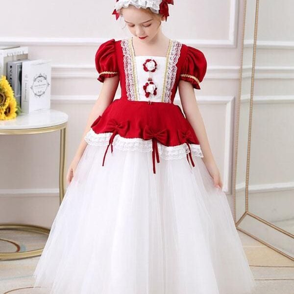 Red Country Flower Girl Dresses Square Neck Short Sleeves Ankle-Length Tulle Flowers Kids Party Dresses
