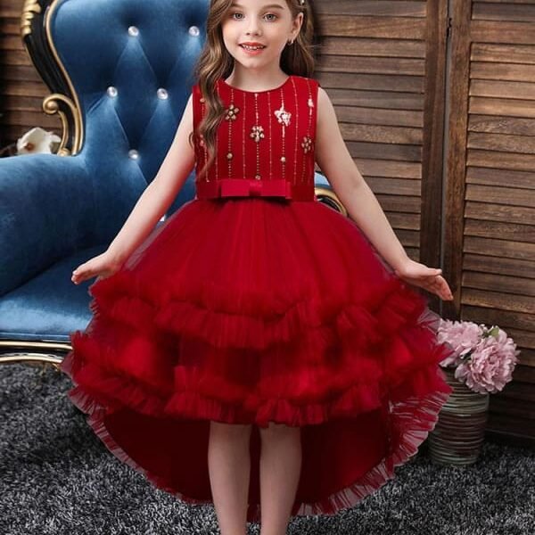 Red Sequined Tulle Hi-Lo Flower Girl Dresses A-Line Jewel Neck Sleeveless Princess Dress
