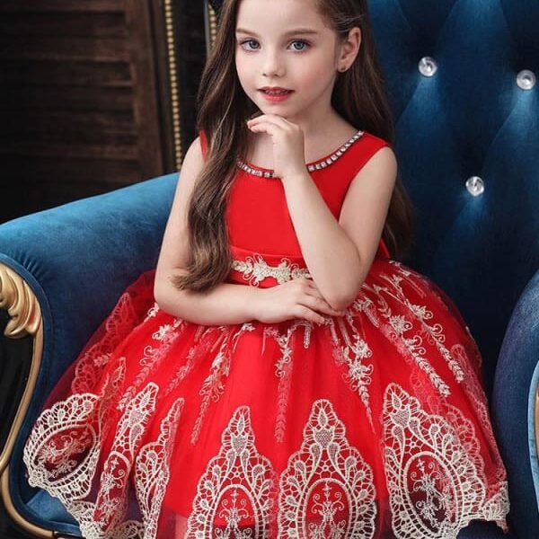 Red Short Sleeves Bows Kids Social Party Dresses Jewel Neck Flower Girl Dresses