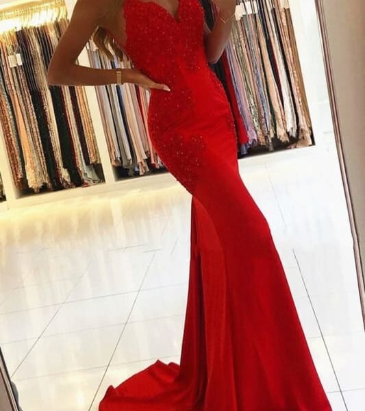 Red Spaghetti-Straps Mermaid Prom Dress with Appliques