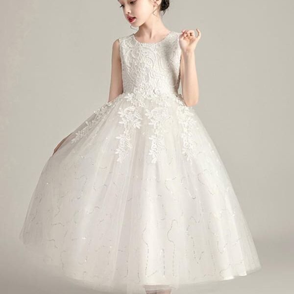 Romantic White Soft Tulle Lace White Flower Girl Dresses Jewel Neck Sleeveless Ankle Length Ball Gown Kids Party Dresses