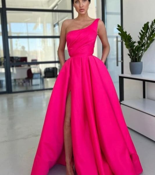 Rose One Shoulder Ball Gown Prom Dress with High Slit