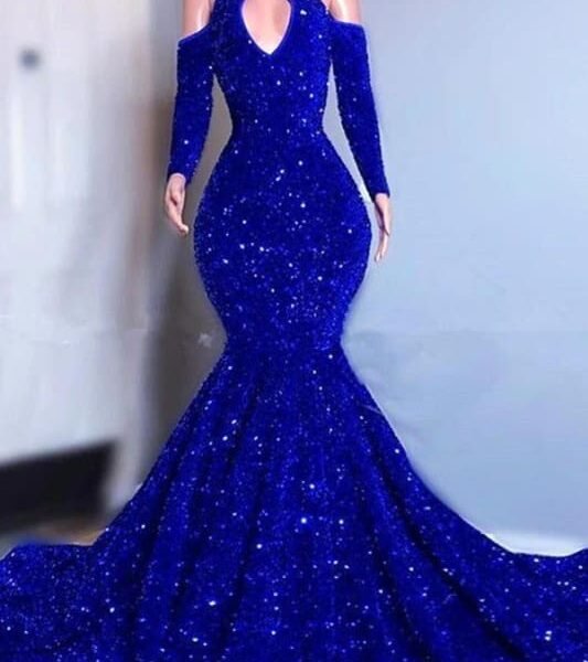 Royal Blue Long Sleeves Mermaid Prom Dress High Collar with Sequins