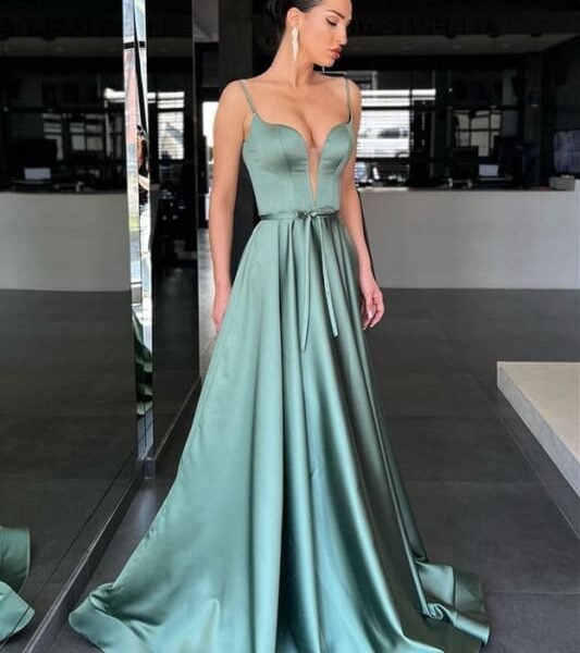 Sage Spaghetti-Strap A-Line Long Prom Dress with Belt