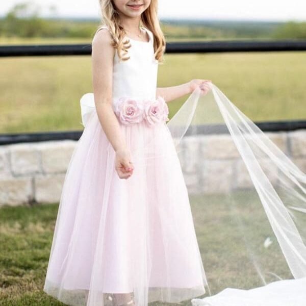 Satin Jewel Neck Sleeveless Flowers Ankle Length Sash Kids Party Dresses