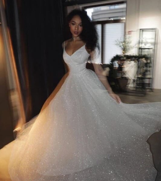 SD2128 Shiny Sequins Spaghetti Straps A-line Wedding Dress