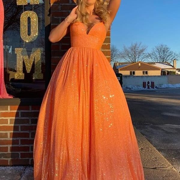 Shiny V Neck Backless Orange Long Prom Dresses. V Neck Orange Formal Dresses. Sparkly Orange Evening Dresses