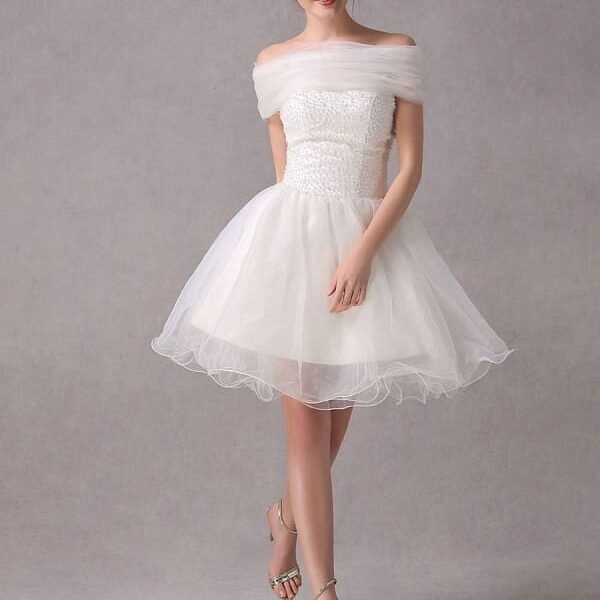 Short Ivory strapless A-Line Beading Wedding Dress For Bride