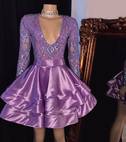 Short Purple Long Sleeve V-Neck Prom Dress with Appliques