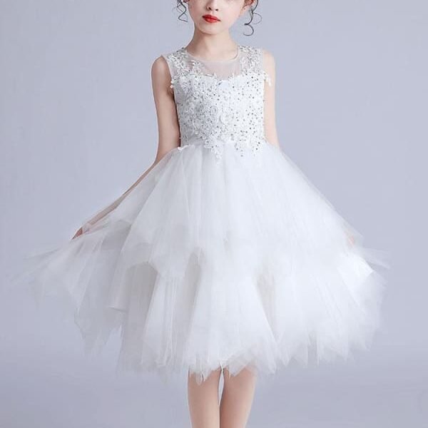 Short Sleeves Knee-Length Princess Flower Girl Dresses Jewel Neck Tulle Silhouette Embroidered Kids Party Dresses