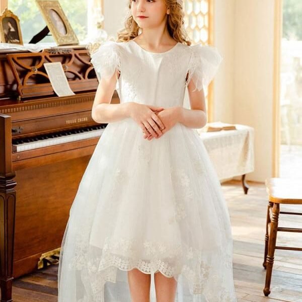 Short Sleeves Lace Flower Girl Dresses White Jewel Neck Formal Kids Pageant Dresses