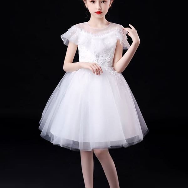 Short Sleeves Tulle Princess Dress Flowers Beaded Embellishment Kids Party Dresses White Flower Girl Dresses Illusion