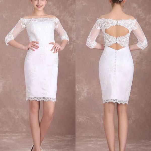 Short Wedding Dresses Sheath Lace Bridal Dress Ivory Off The Shoulder Half Sleeve Illusion Knee Length Column Wedding Reception Dress