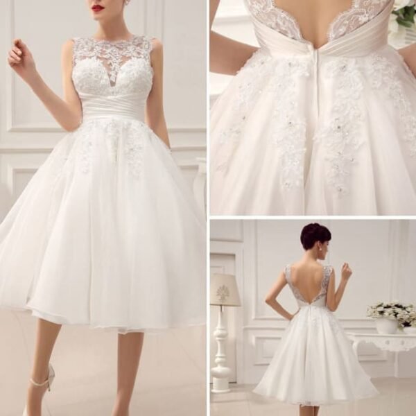 Short Wedding Dresses Vintage 1950'S Bridal Gown Backless Lace Beading Pleated Sequins Illusion Wedding Reception Dress