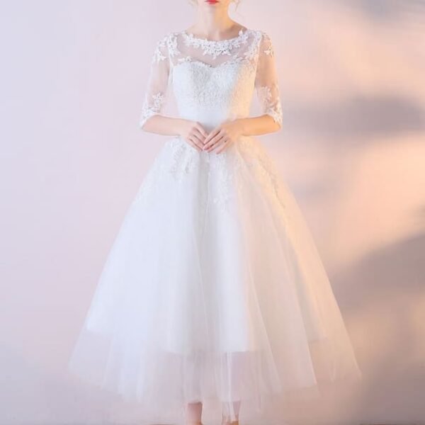 Short Wedding Dresses White Half Sleeve Lace Applique Tea Length Bridal Dress
