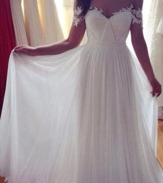 Simple A-Line Appliques Ivory Chiffon Beach Wedding Dress
