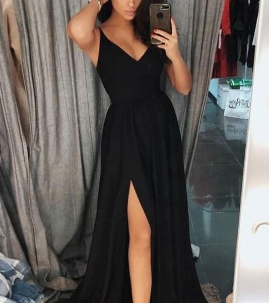 Simple A Line V Neck Prom with Side Slit Black Chiffon Sleeveless Evening Dress