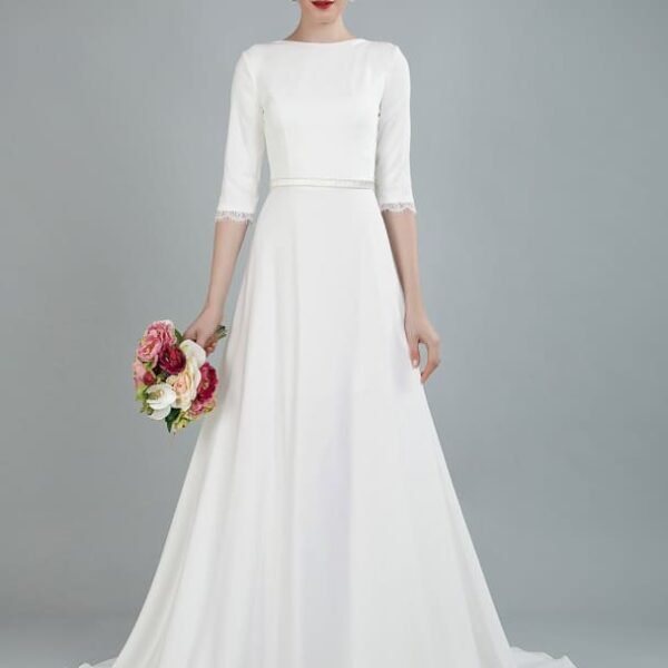 Simple Wedding Dress Beaded Sash Backless Bateau Neck Half Sleeves A Line Bridal Gowns With Court Train