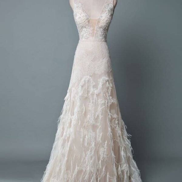 Simple Wedding Dress Lace A Line V Neck Sleeveless Beaded Floor Length Feather Bridal Gowns