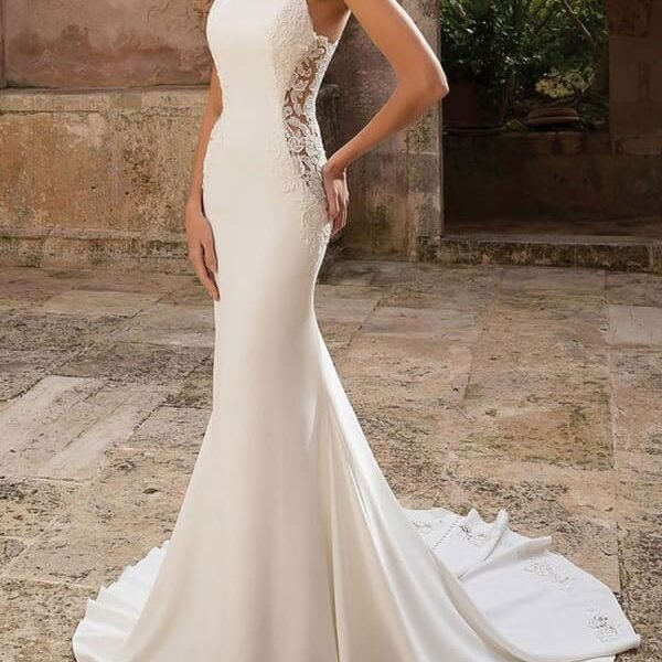 Simple Wedding Dress Spandex Jewel Neck Sleeveless Lace Mermaid Bridal Dresses