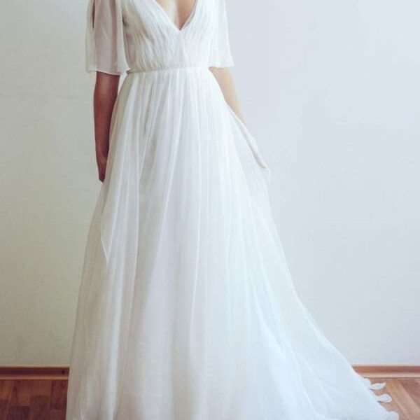 Simple Wedding Dress V Neck Half Sleeves Pleated A Line Floor Length Bridal Dresses