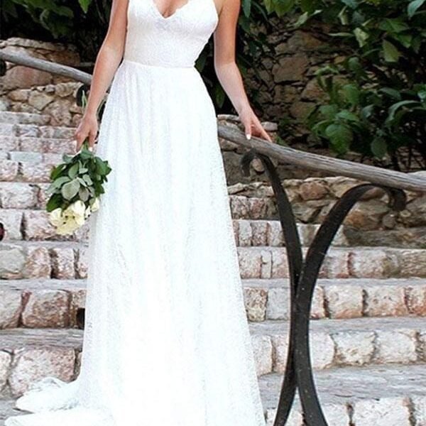 Simple Wedding Dresses A Line V Neck Straps Backless Floor Length Bridal Gowns