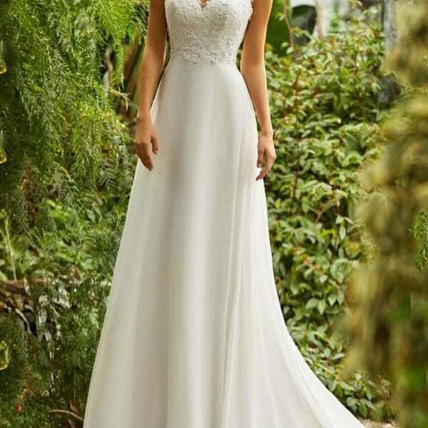 A Line V Neck Simple Wedding Dresses Chiffon Sleeveless Lace Beaded Bridal Gowns With Train
