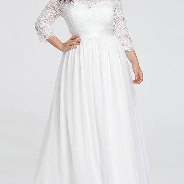 Simple Wedding Dresses Lace Chiffon Floor Length 3/4 Length Sleeves Sash Jewel Neck Plus Size Beach Bridal Gowns