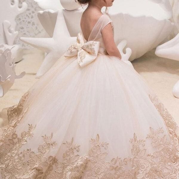 Sleeveless Flower Girl Dresses Jewel with Bows Tulle Floral Lace Kids Pageant Dresses