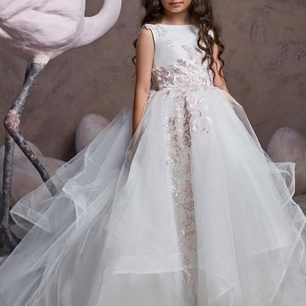 Sleeveless Sweep Princess Silhouette Embroidered Flower Girl Dresses Jewel Neck Tulle  Formal Kids Pageant Dresses