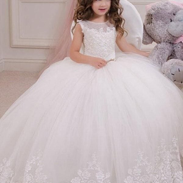 Sleeveless Tulle Lace Appliques Flower Girl Dresses Jewel Neck Ankle Length Kids Ball Gown