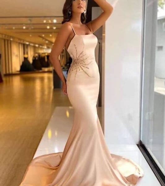 Spaghetti-Strap Long Beaded Mermaid Prom Dress
