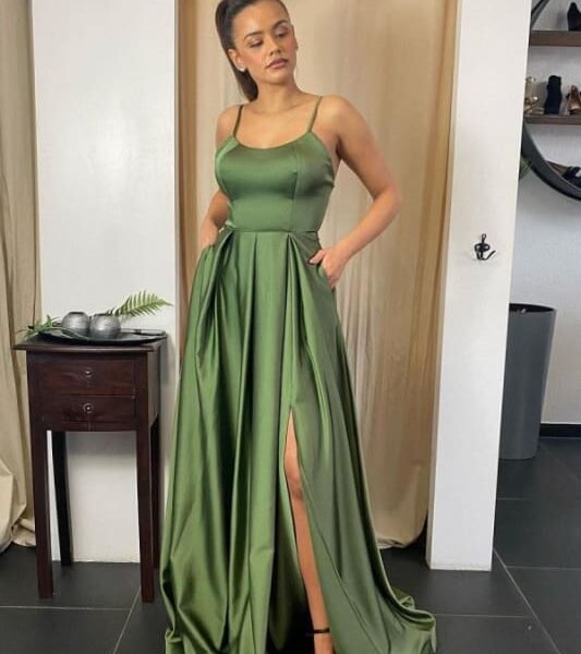 Spaghetti-Straps Prom Dress Long with Pocket