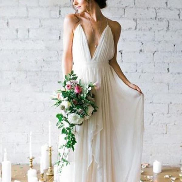 Spaghetti Straps V-neck A-line Sexy Backless Floor Length Wedding Dresses