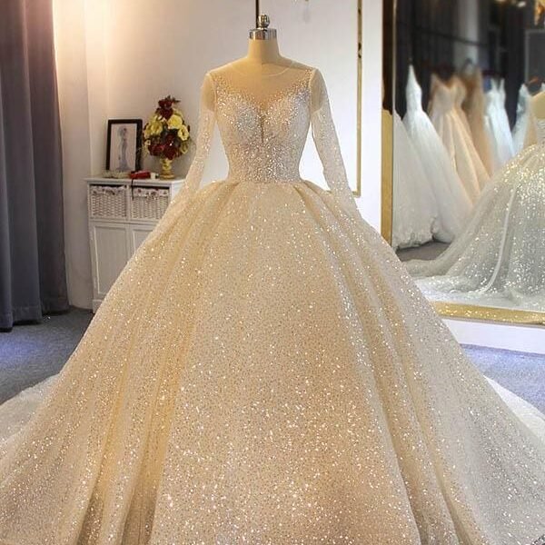 Sparkling Shinny Lone Sleeves Lace- Up Ball Gown Wedding Dresses