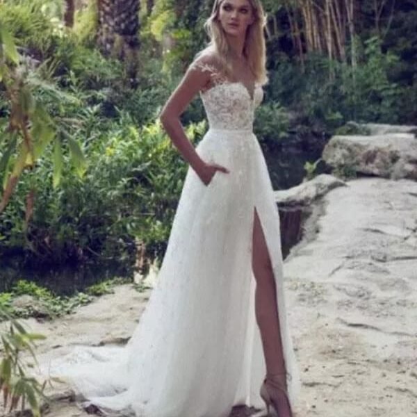 Split Lace Applique Sweep Train A Line Wedding Dresses