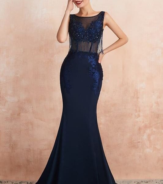 Stunning Navy Blue Jewel Neck Sleeveless Mermaid Prom Dress with Rhinestone Lace and Tassels