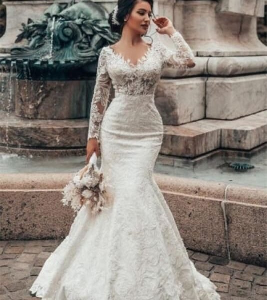 Stylish White Floral Lace Mermaid Bridal Dresses Long Sleeves V-Neck Spring Wedding Dress