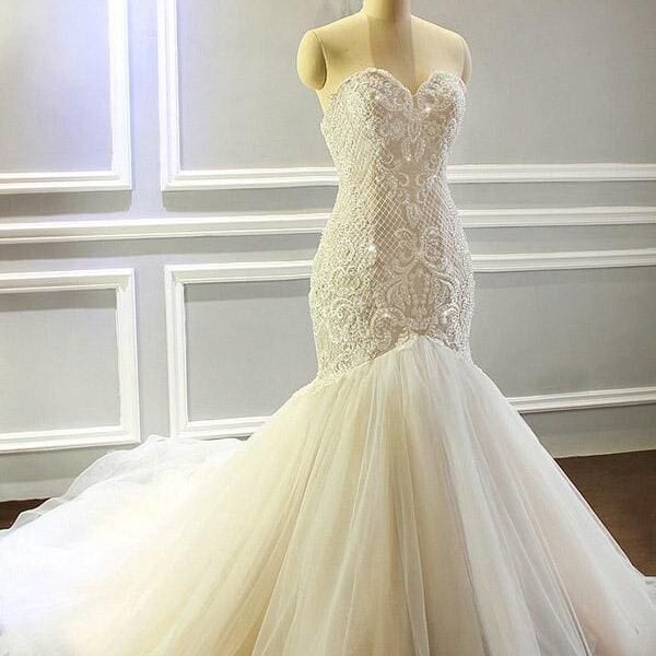 Sweetheart Lace- Up Mermaid Wedding Dresses with Full Beading