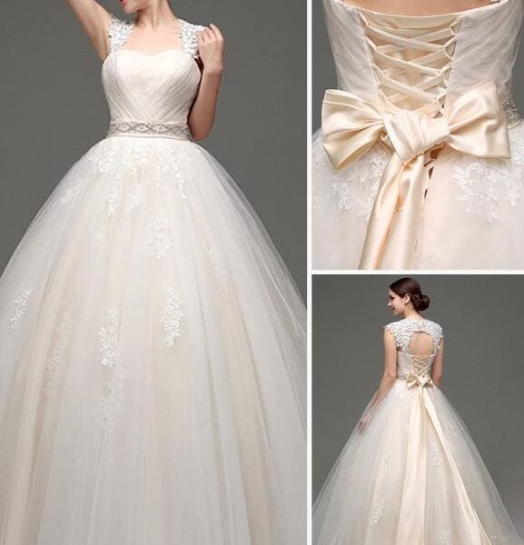 Tulle Cap Sleeves Keyhole Back Princess Wedding Dress With Bow And Rhinestone Sash