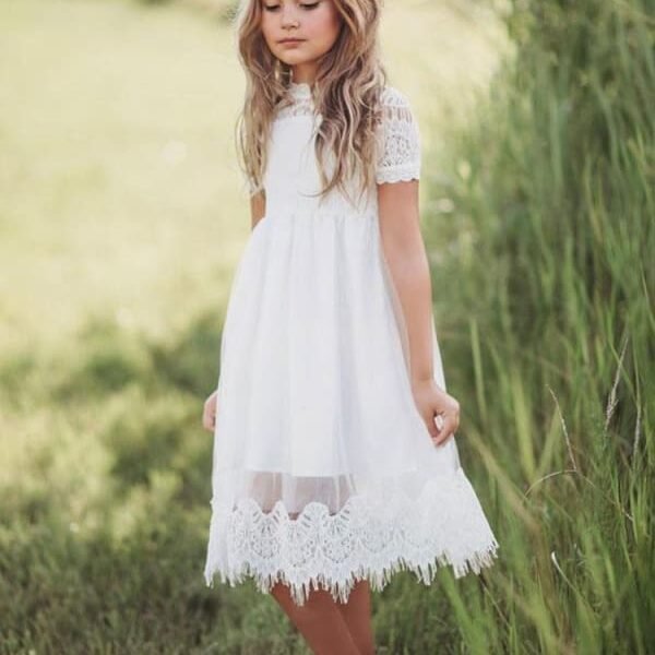 Tulle Jewel Neck Short SleevesFlower Girl Dresses A Line Kids Party Dresses