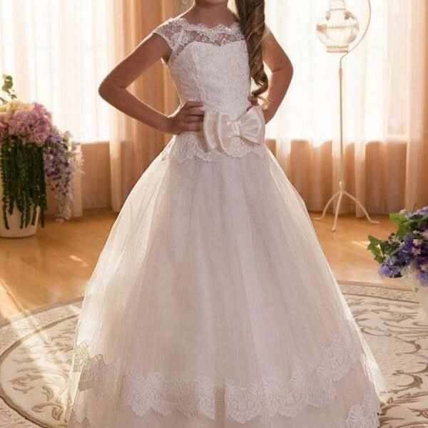 Tulle Lace Princess Flower Girl Dresses Short Sleeves Floor Length Silhouette Kids Formal Pageant Dresses