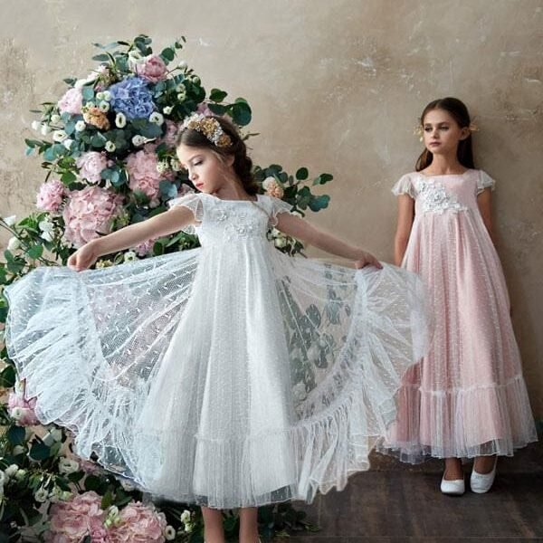 Tulle Ruffles Sleeveless Flower Girl Dresses Ankle Length Princess Silhouette Kids Social Party Dresses
