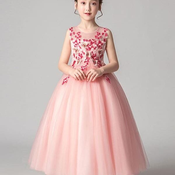 Tulle Sleeveless Ankle Length Princess Silhouette Flowers Kids Party Dresses